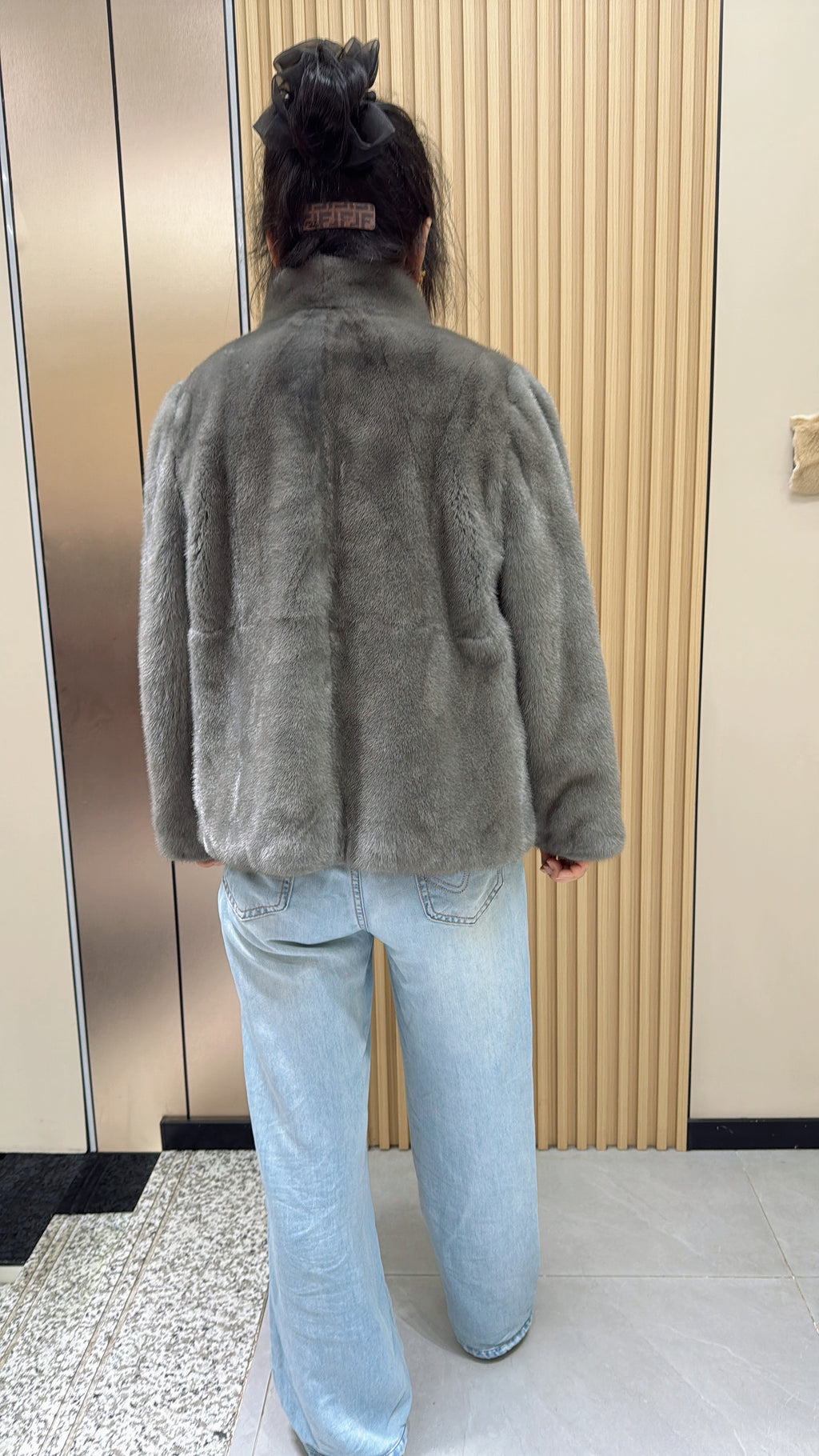 027 Grey Mink Fur Coat with Stand Collar