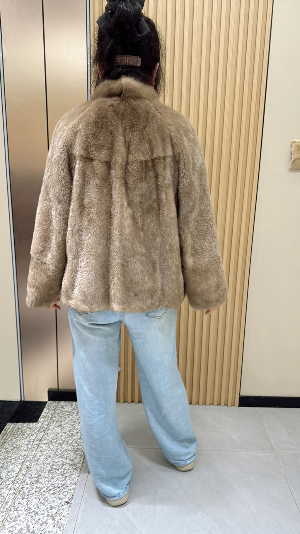 030 Latte-grey stand-collar mink fur coat.