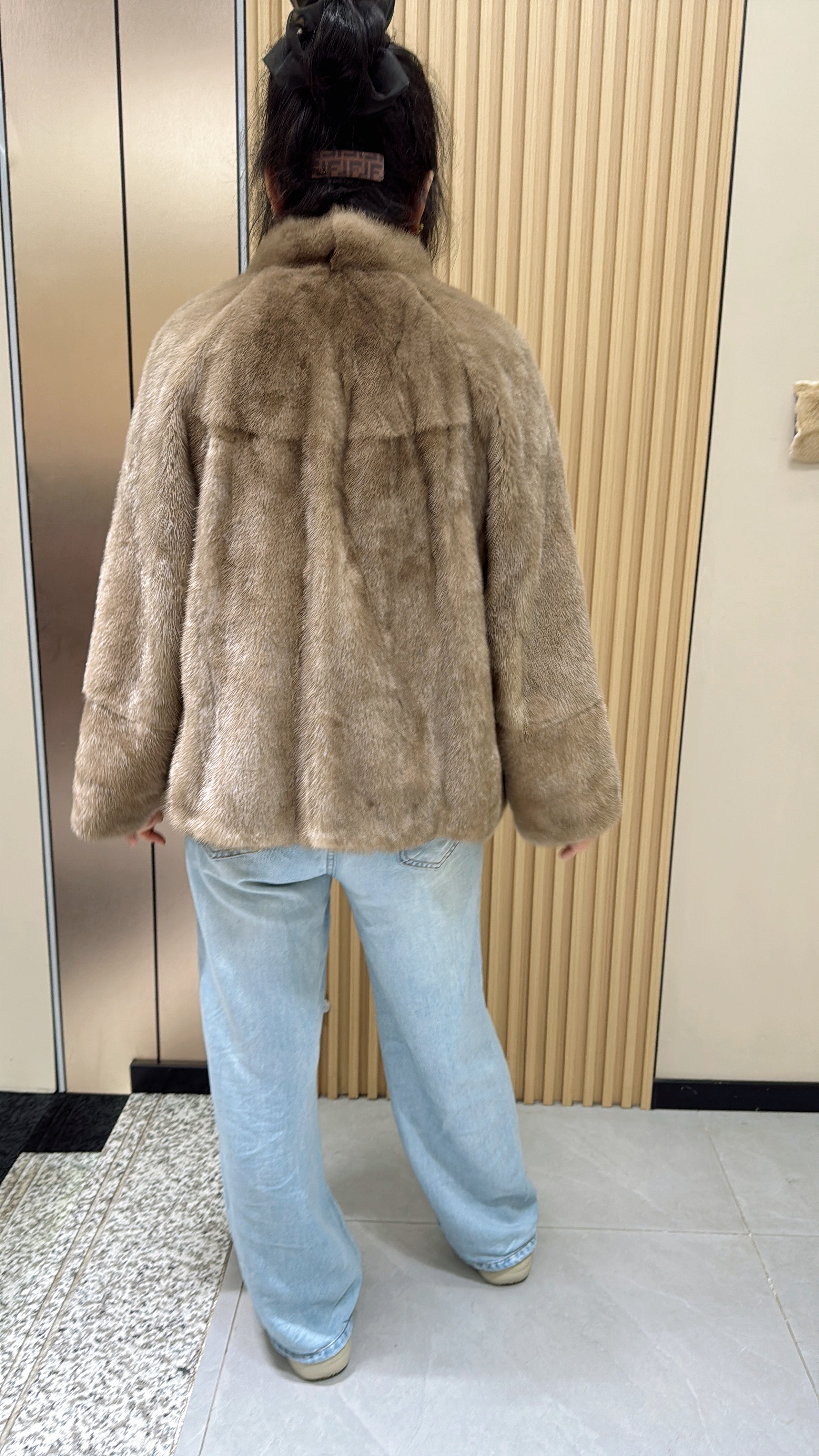 030 Latte-grey stand-collar mink fur coat.