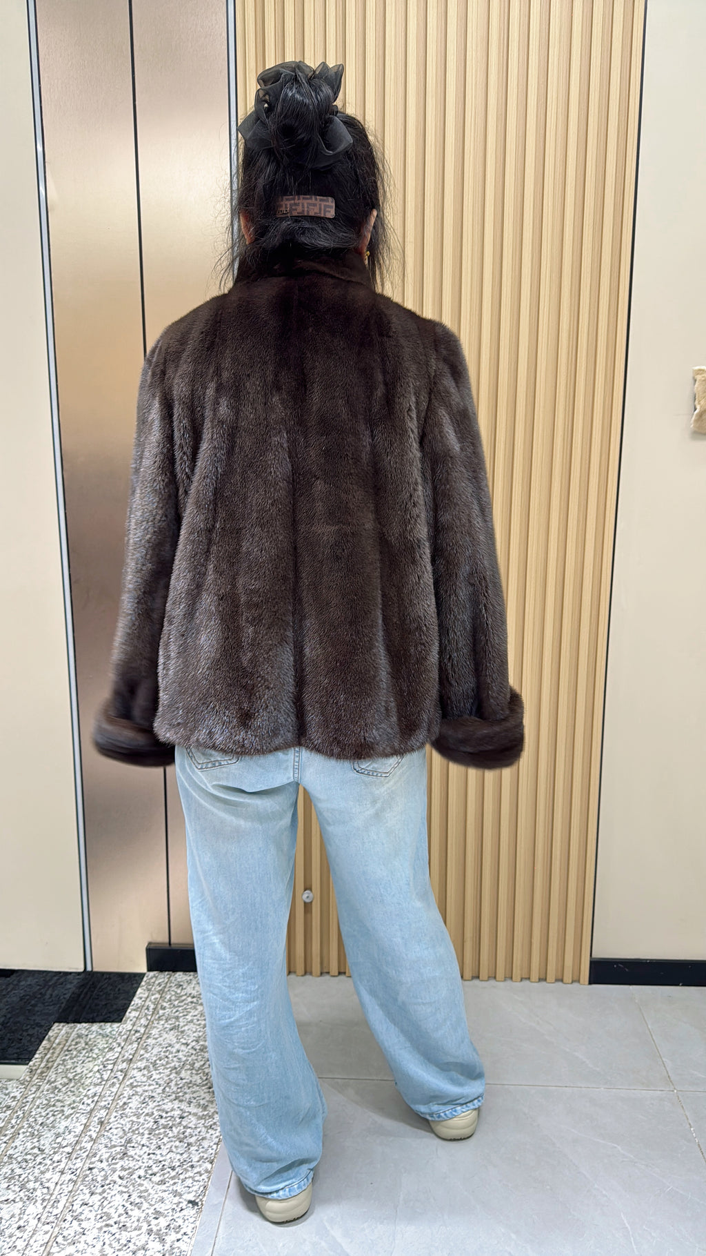 No. 018 Brown Mink Coat with Stand Collar and Roll-up Sleeves