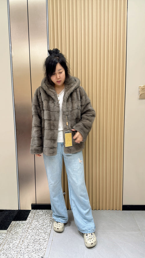 No. 024 Grey Hooded Mink Fur Coat with Horizontal Pelts