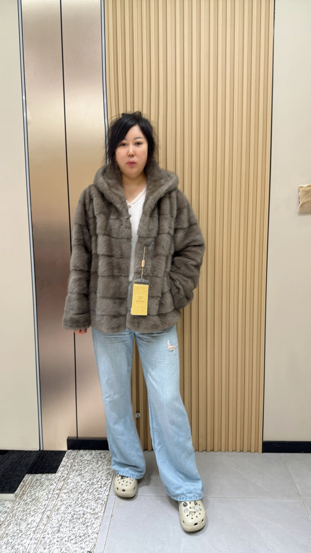 024 Grey Hooded Mink Fur Coat with Horizontal Pelts
