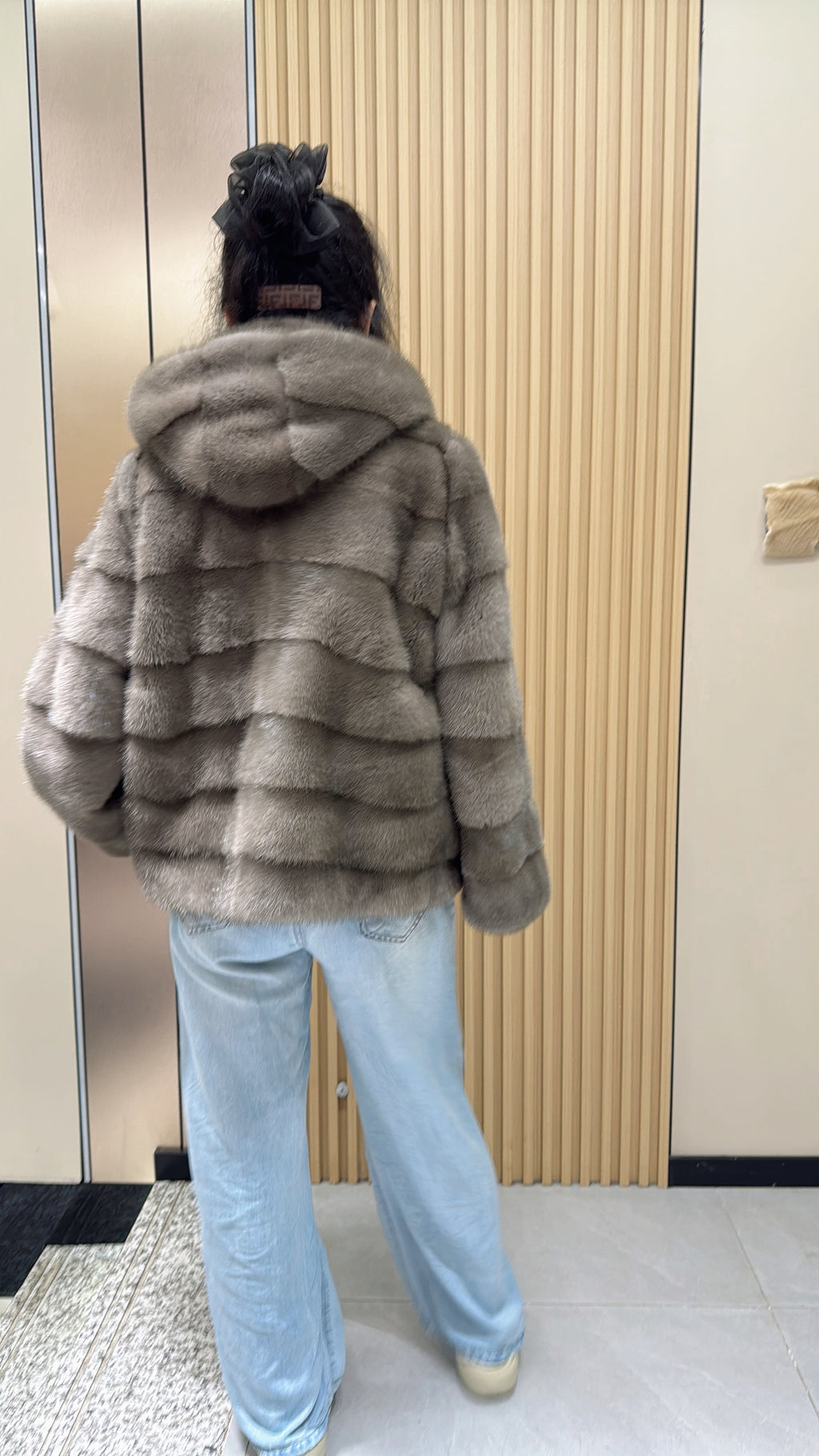 024 Grey Hooded Mink Fur Coat with Horizontal Pelts