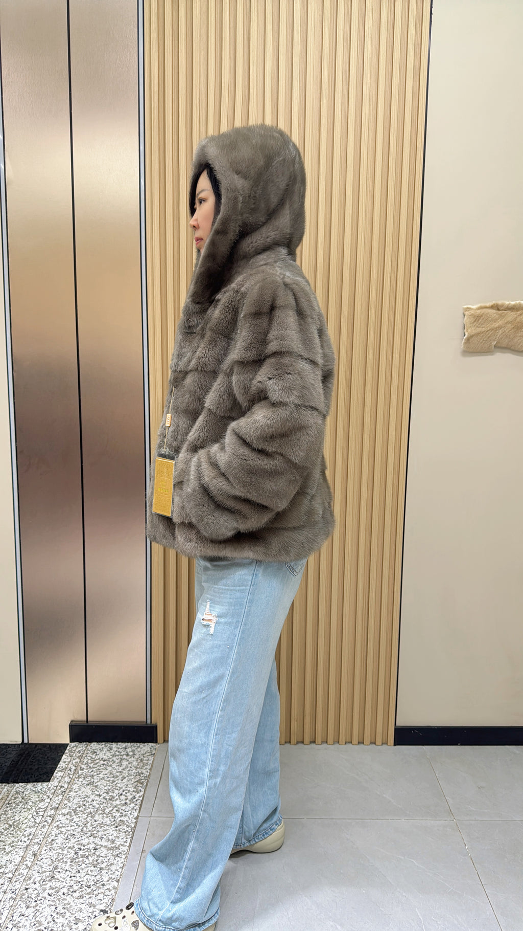 024 Grey Hooded Mink Fur Coat with Horizontal Pelts