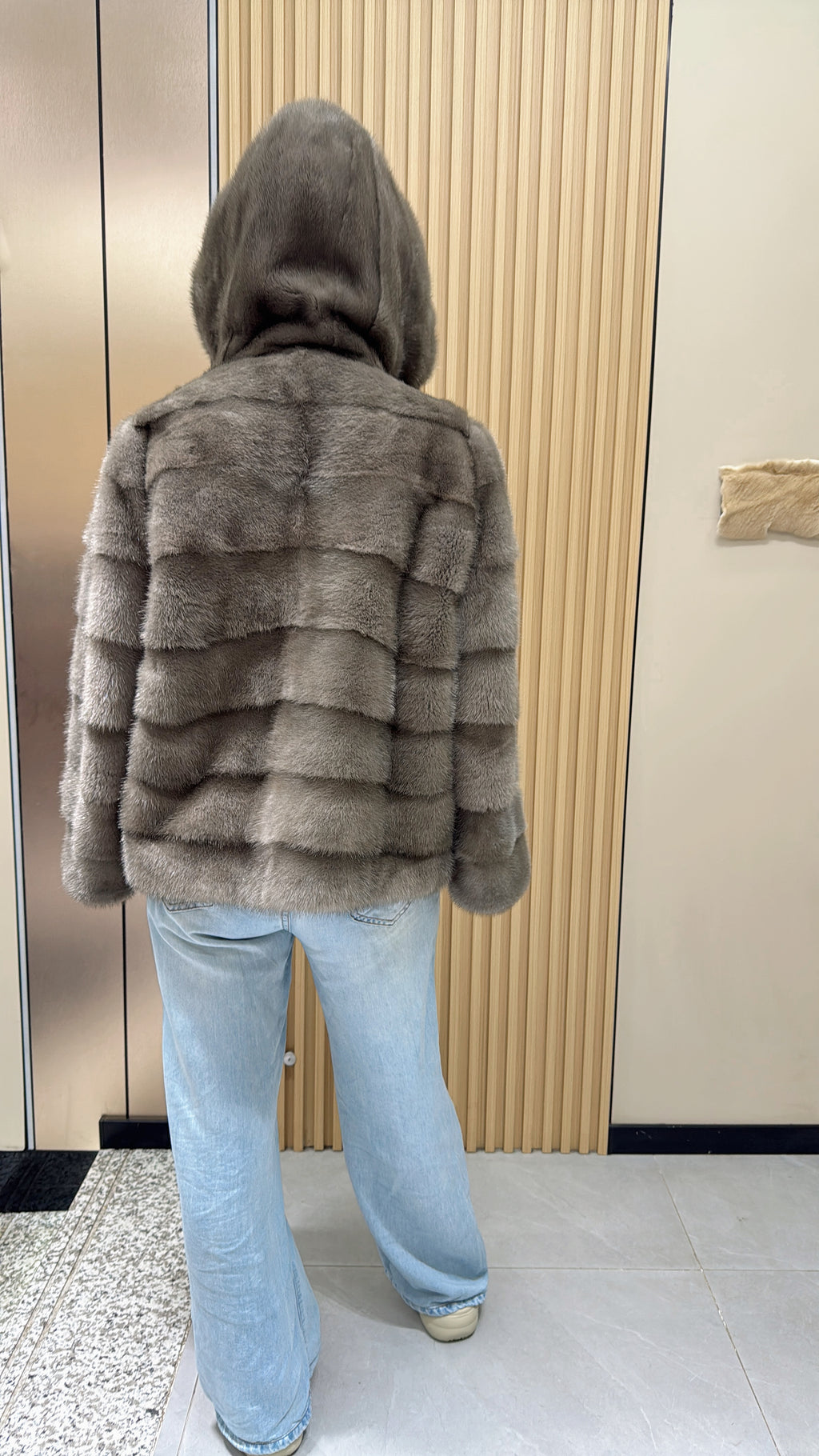 024 Grey Hooded Mink Fur Coat with Horizontal Pelts