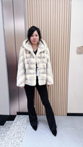 No. 048 White Cross Mink Hooded Fur Coat—Horizontal Design