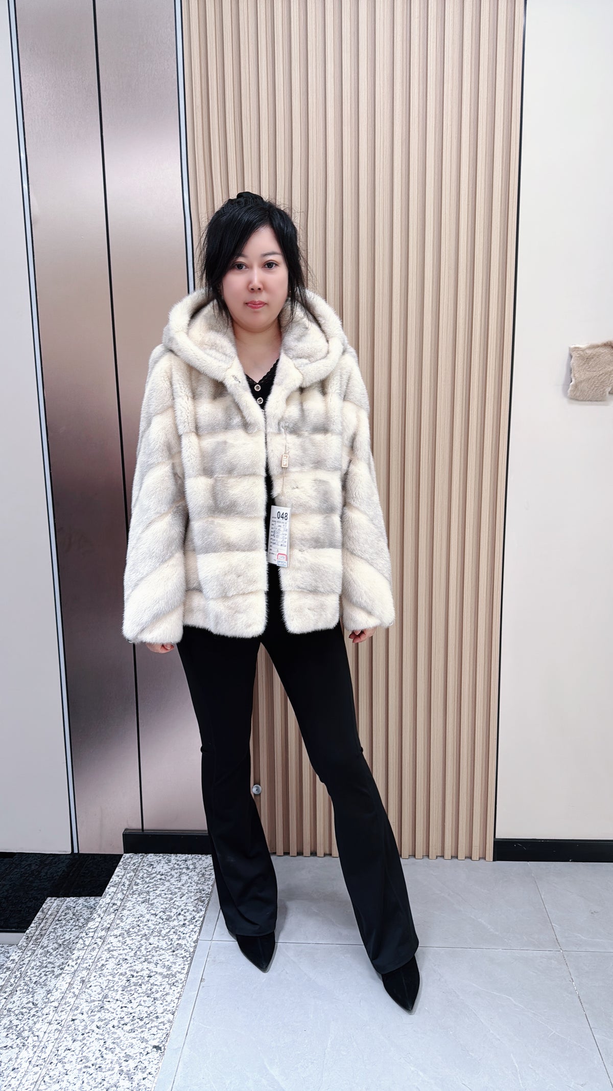 No. 048 White Cross Mink Hooded Fur Coat—Horizontal Design