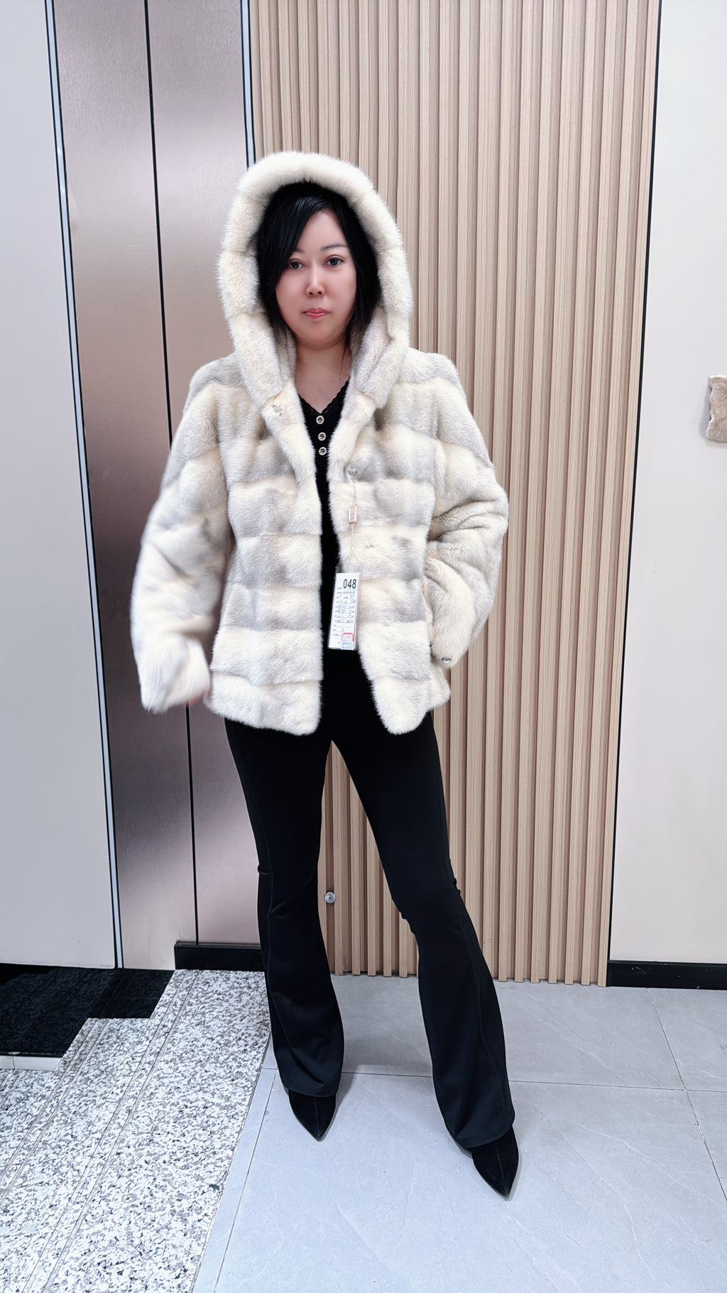 No. 048 White Cross Mink Hooded Fur Coat—Horizontal Design