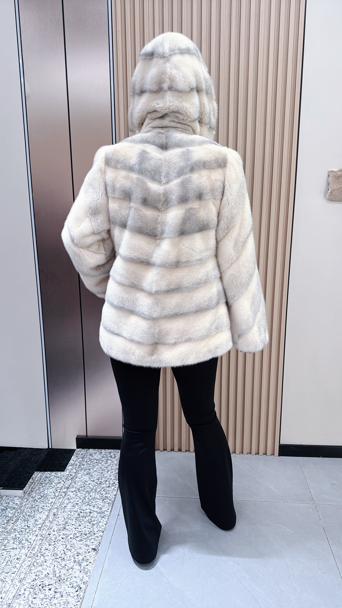 No. 048 White Cross Mink Hooded Fur Coat—Horizontal Design