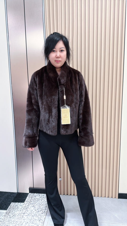 No. 042 Dark Brown Stand-Collar Mink Fur Coat