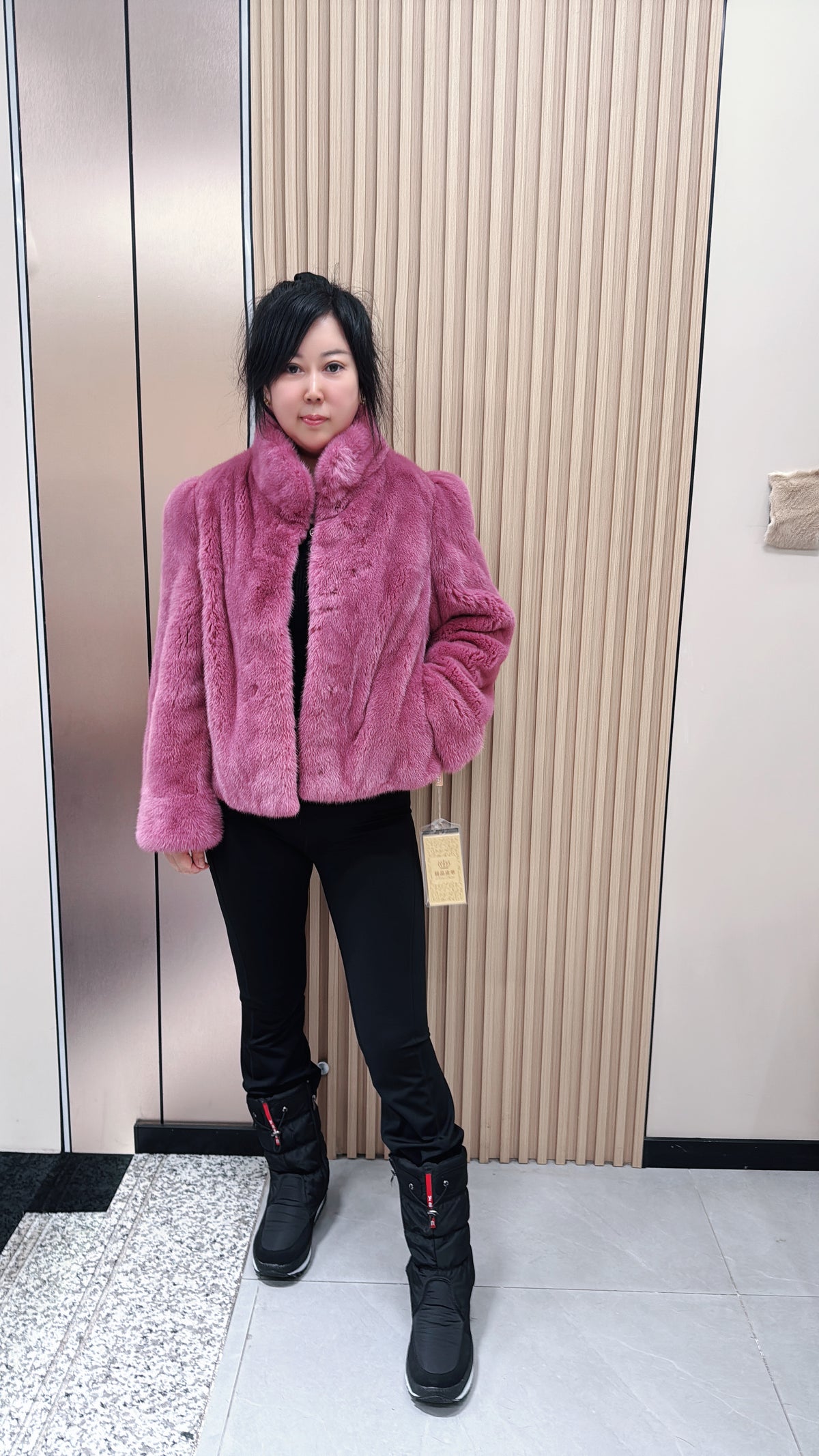 No. 057 Rose-pink stand-collar mink fur coat