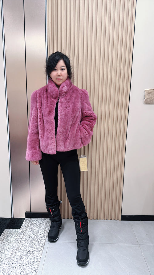 No. 057 Rose-pink stand-collar mink fur coat