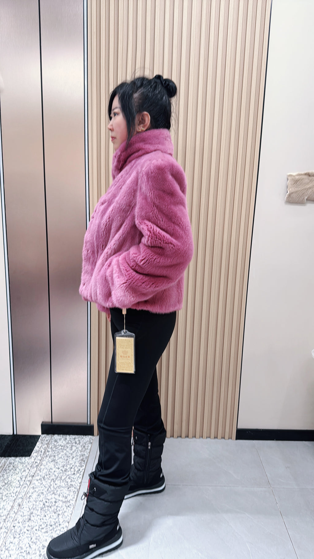 No. 057 Rose-pink stand-collar mink fur coat