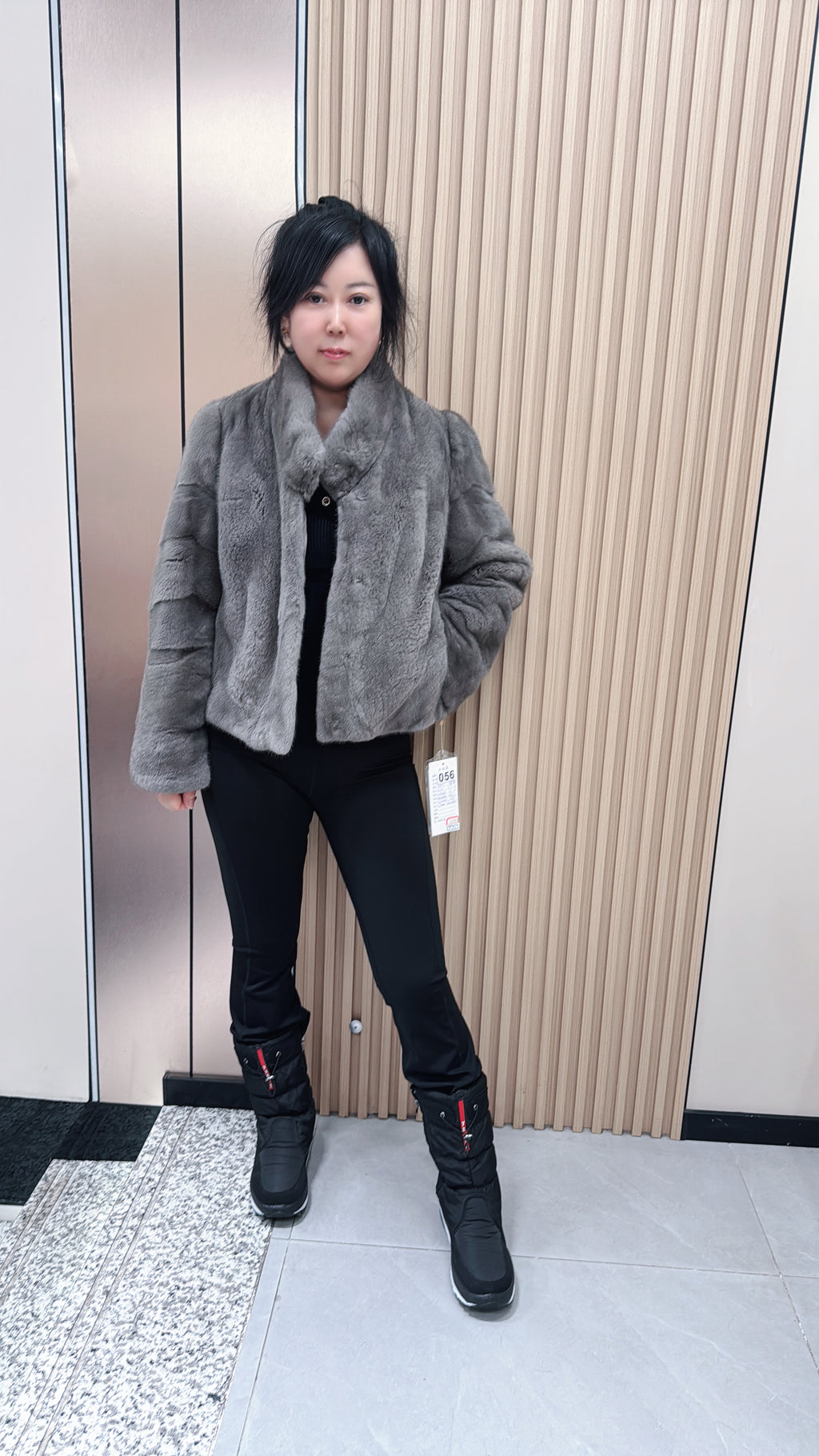 No. 056 Grey Stand-Collar Mink Fur Coat
