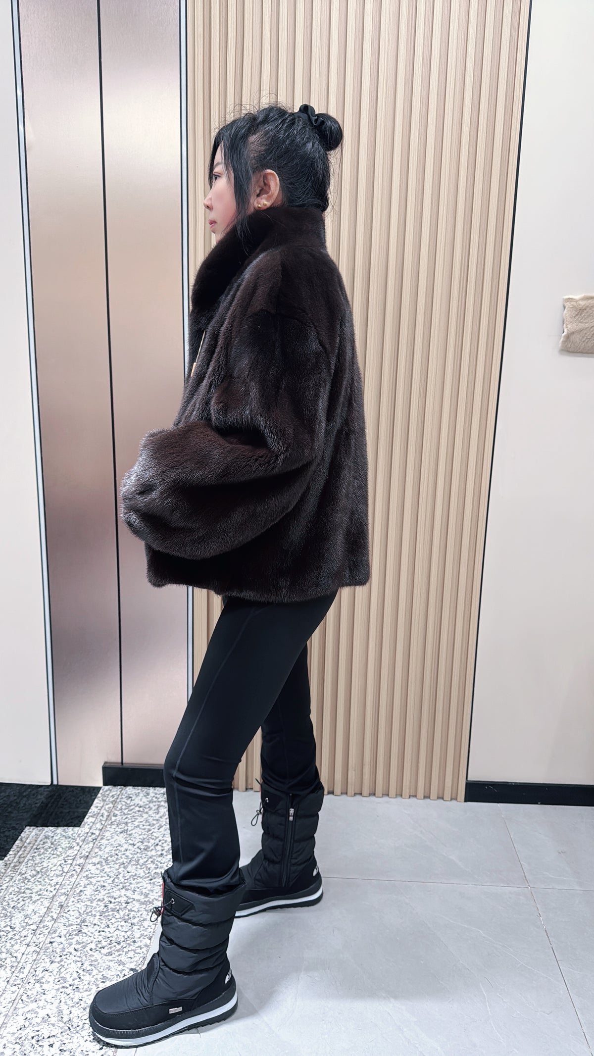 No. 011 Dark brown velvet-finish mink coat featuring a stand-up collar and fitted cuffs.