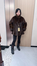 No. 070 Turquoise mink fur coat featuring a stand-up collar and turn-up cuffs.