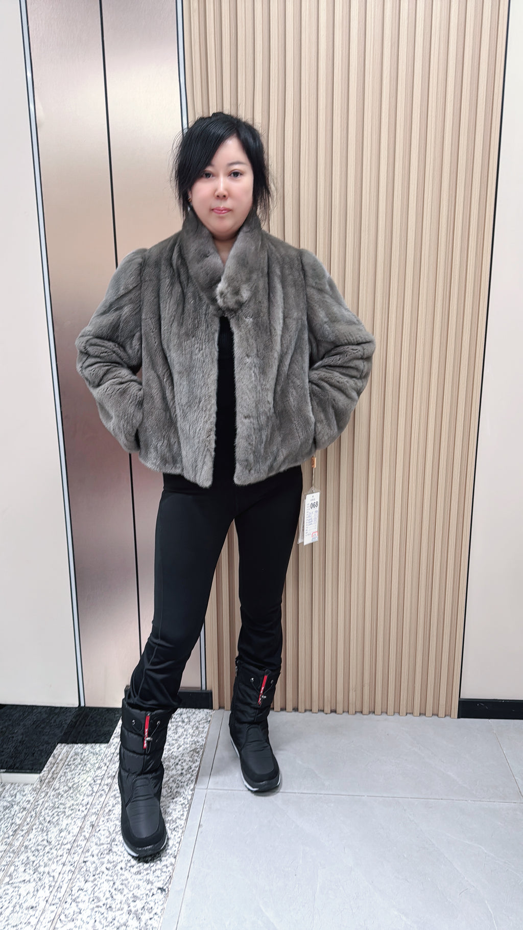 No. 068 Grey Stand-Collar Mink Fur Coat