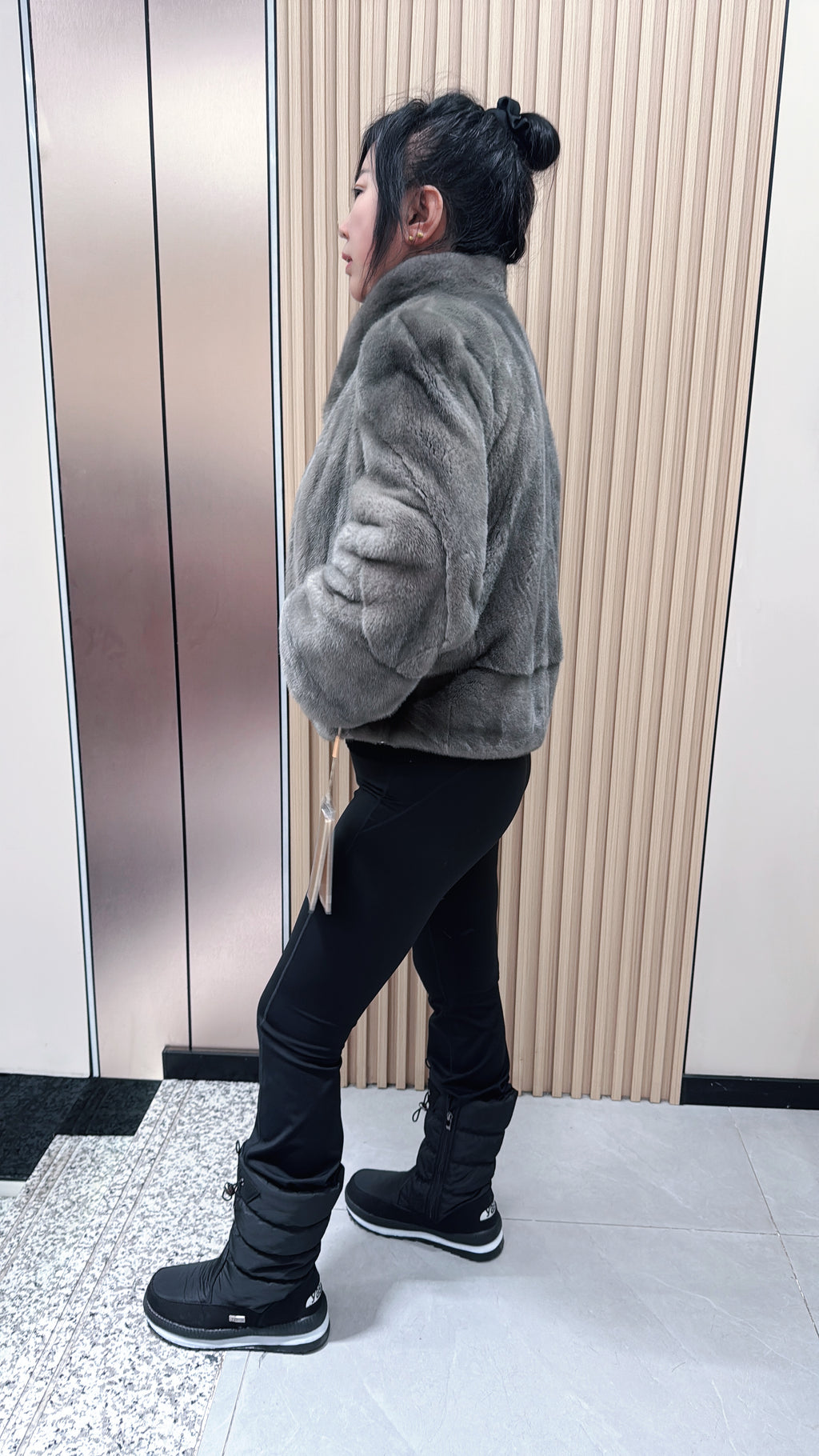 No. 068 Grey Stand-Collar Mink Fur Coat