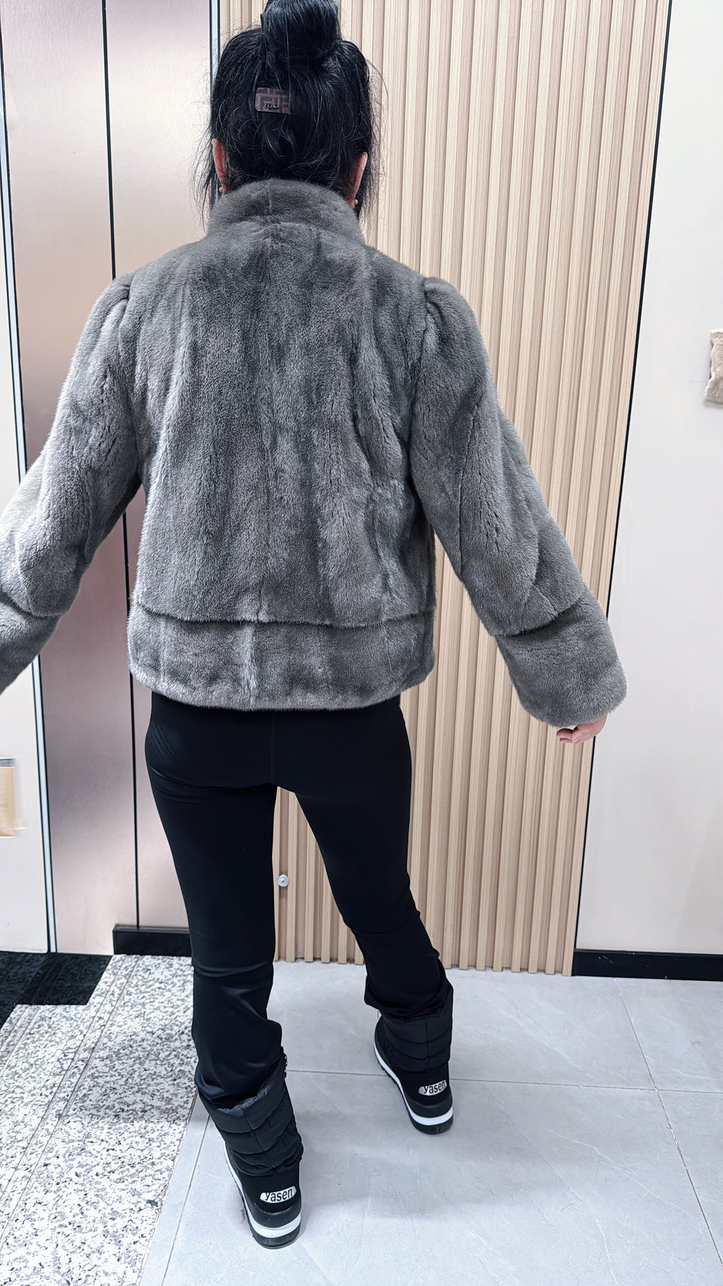 No. 068 Grey Stand-Collar Mink Fur Coat