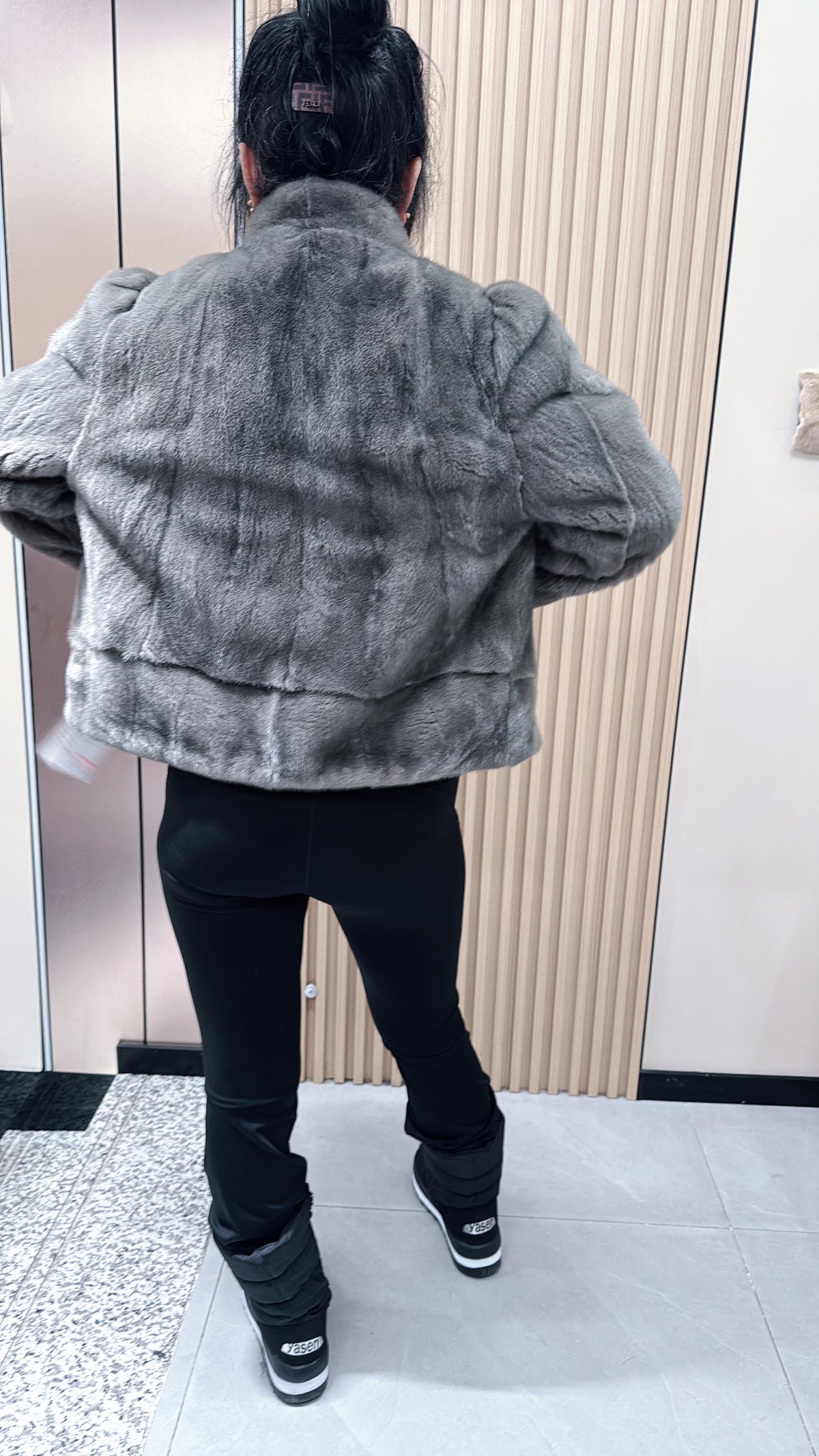 No. 068 Grey Stand-Collar Mink Fur Coat