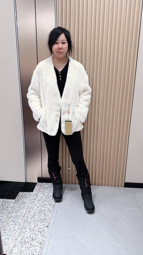 No. 066 White Mink V-Neck Fur Coat with Pearl Button Design