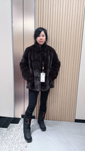 No. 065 Dark Brown Mink Fur Coat with Stand Collar and Horizontal Paneling