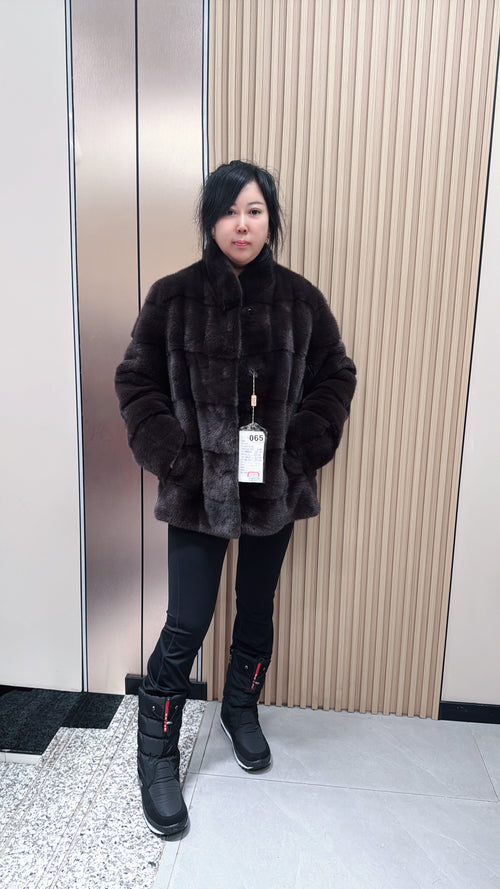 No. 065 Dark Brown Mink Fur Coat with Stand Collar and Horizontal Paneling
