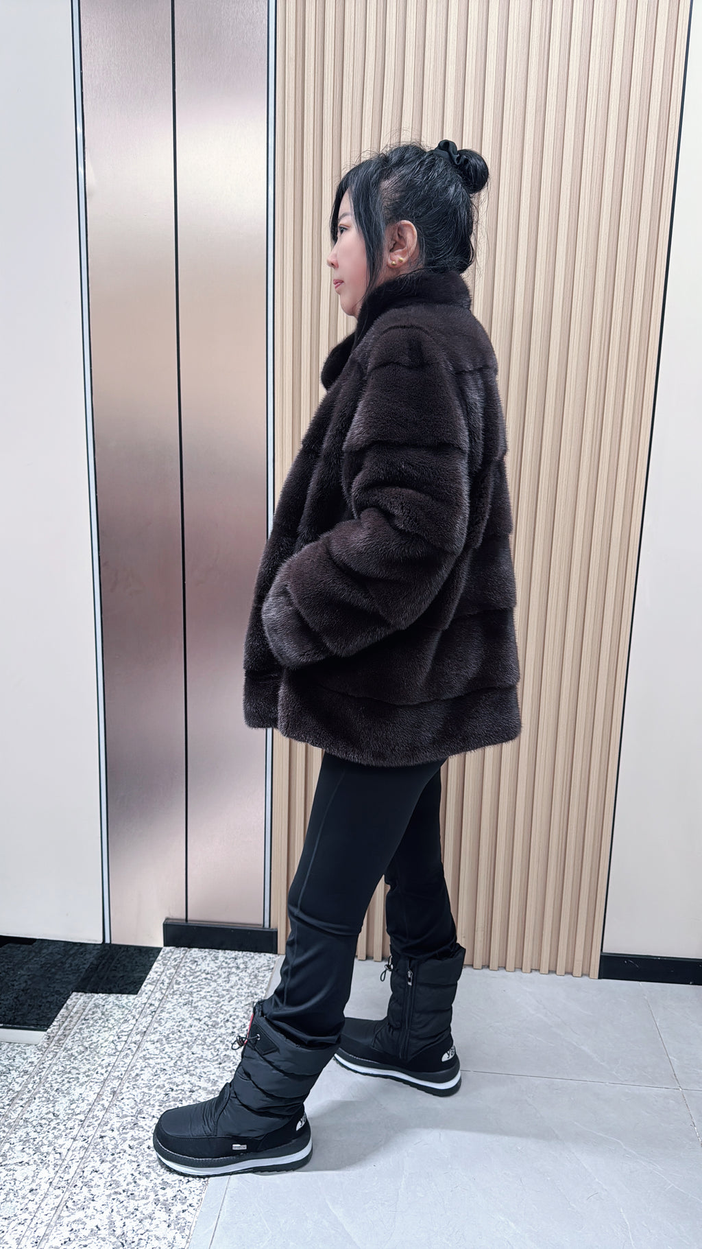 No. 065 Dark Brown Mink Fur Coat with Stand Collar and Horizontal Paneling