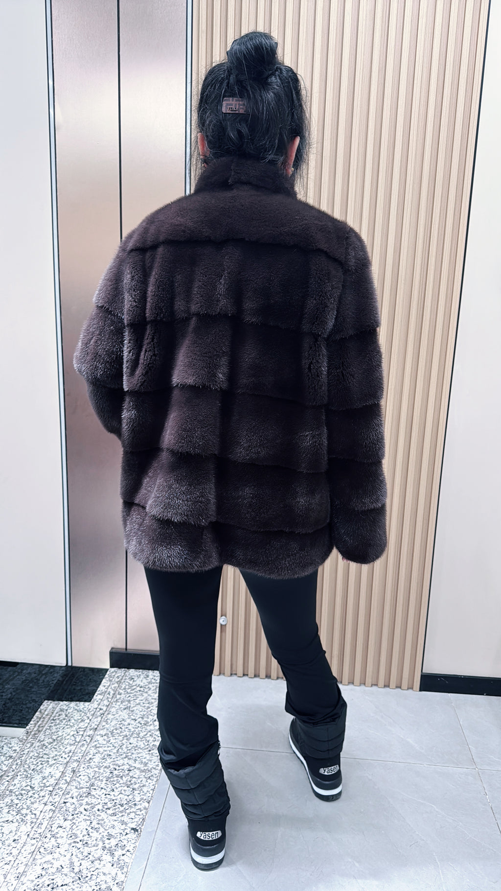 No. 065 Dark Brown Mink Fur Coat with Stand Collar and Horizontal Paneling