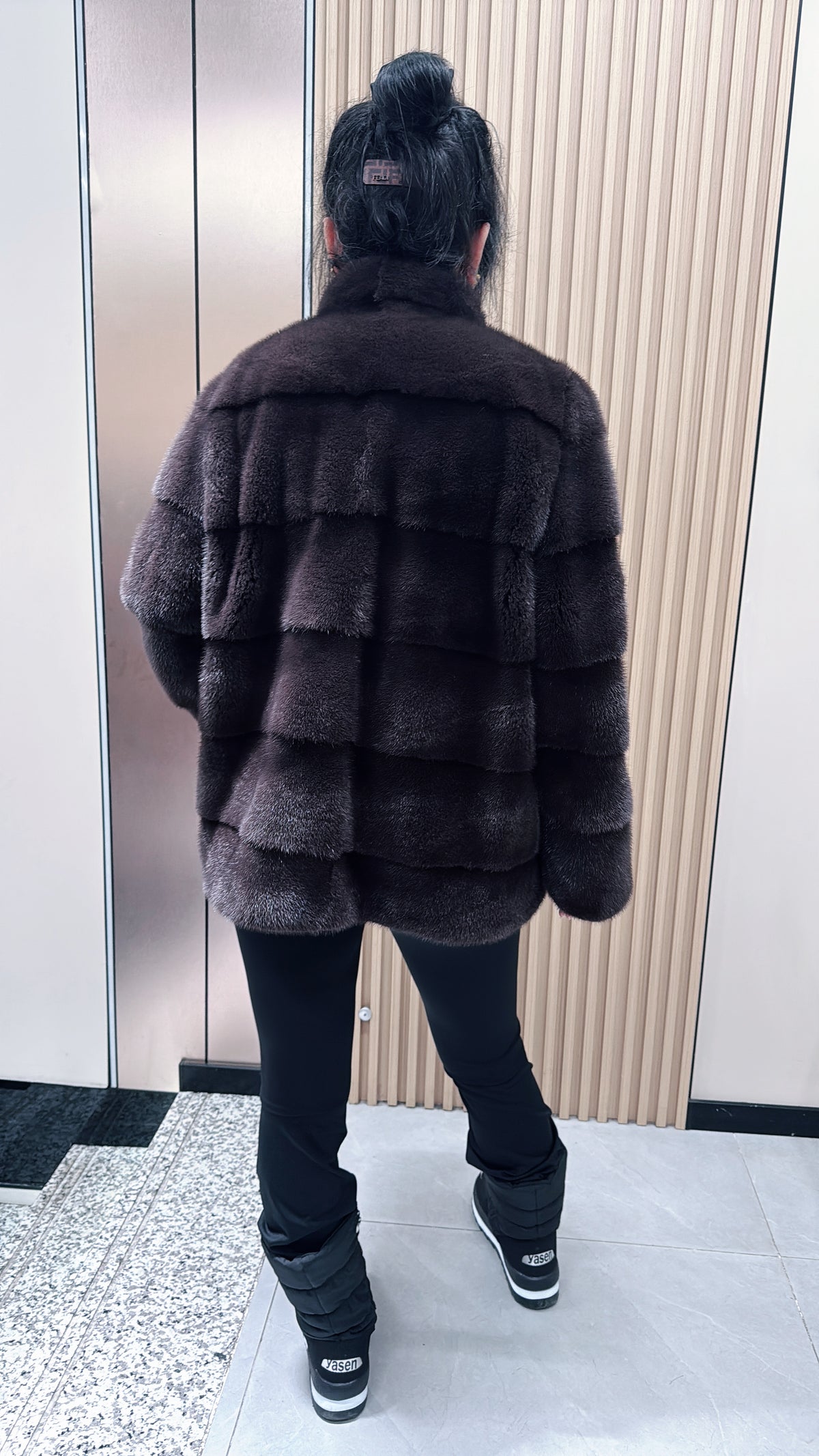 No. 065 Dark Brown Mink Fur Coat with Stand Collar and Horizontal Paneling