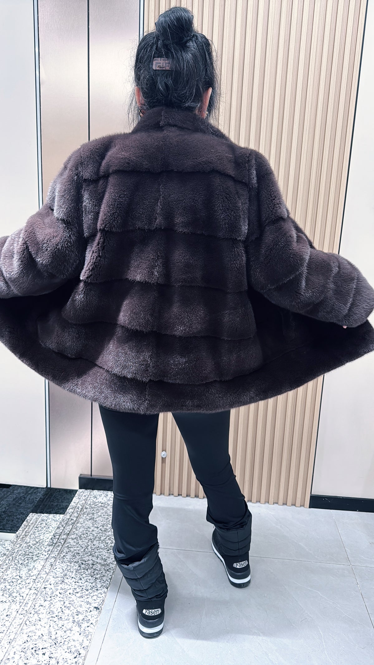 No. 065 Dark Brown Mink Fur Coat with Stand Collar and Horizontal Paneling