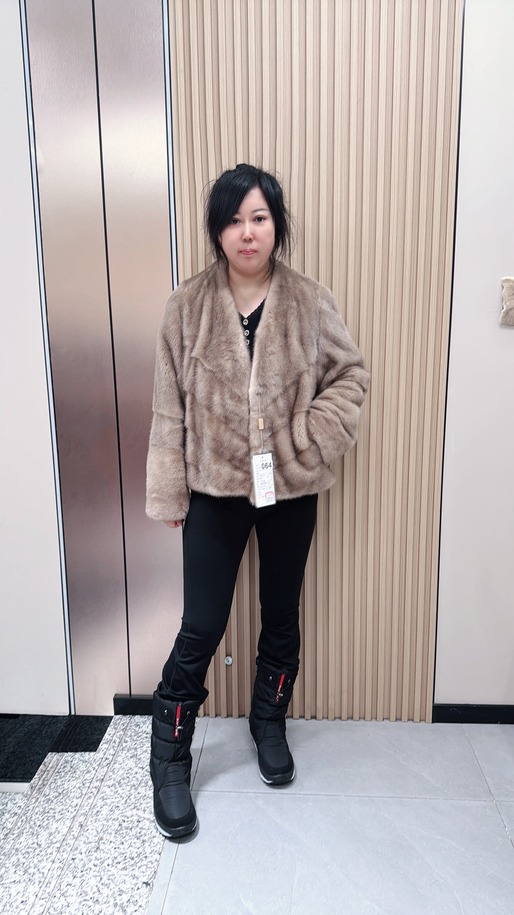 No. 064 Beige V-neck mink fur coat with AB-style cut.