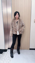 No. 064 Beige V-neck mink fur coat with AB-style cut.