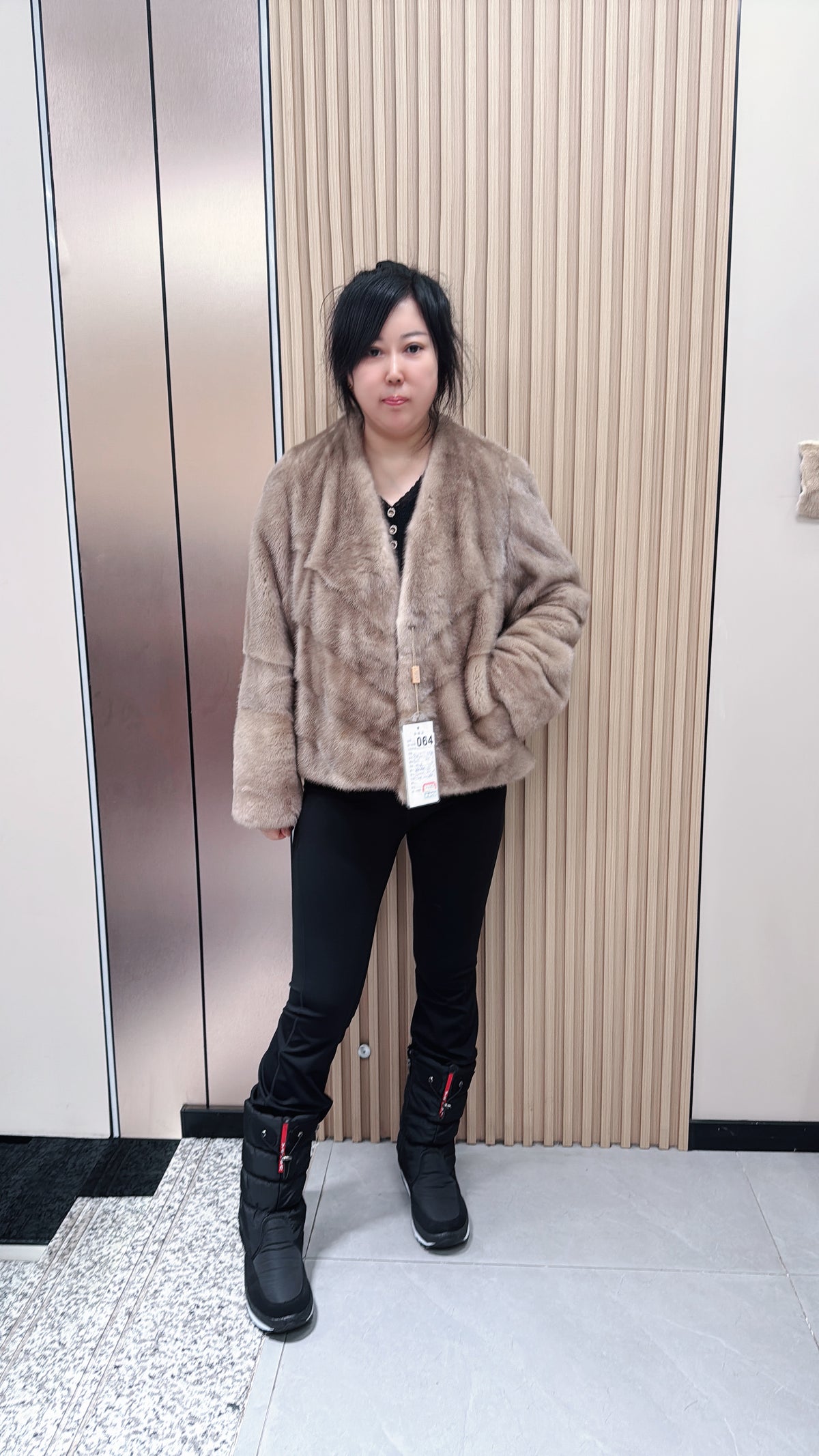 No. 064 Beige V-neck mink fur coat with AB-style cut.