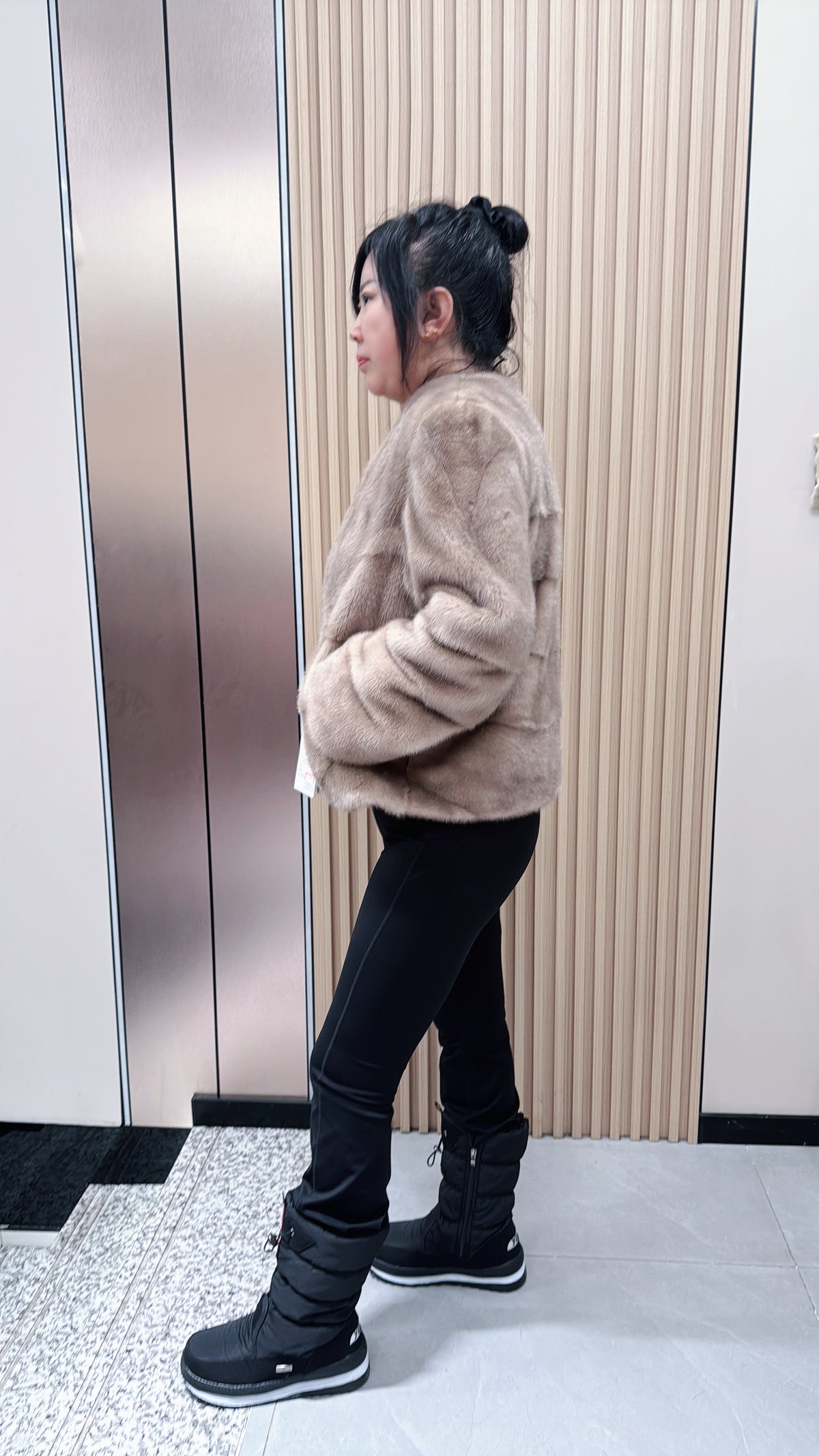 No. 064 Beige V-neck mink fur coat with AB-style cut.