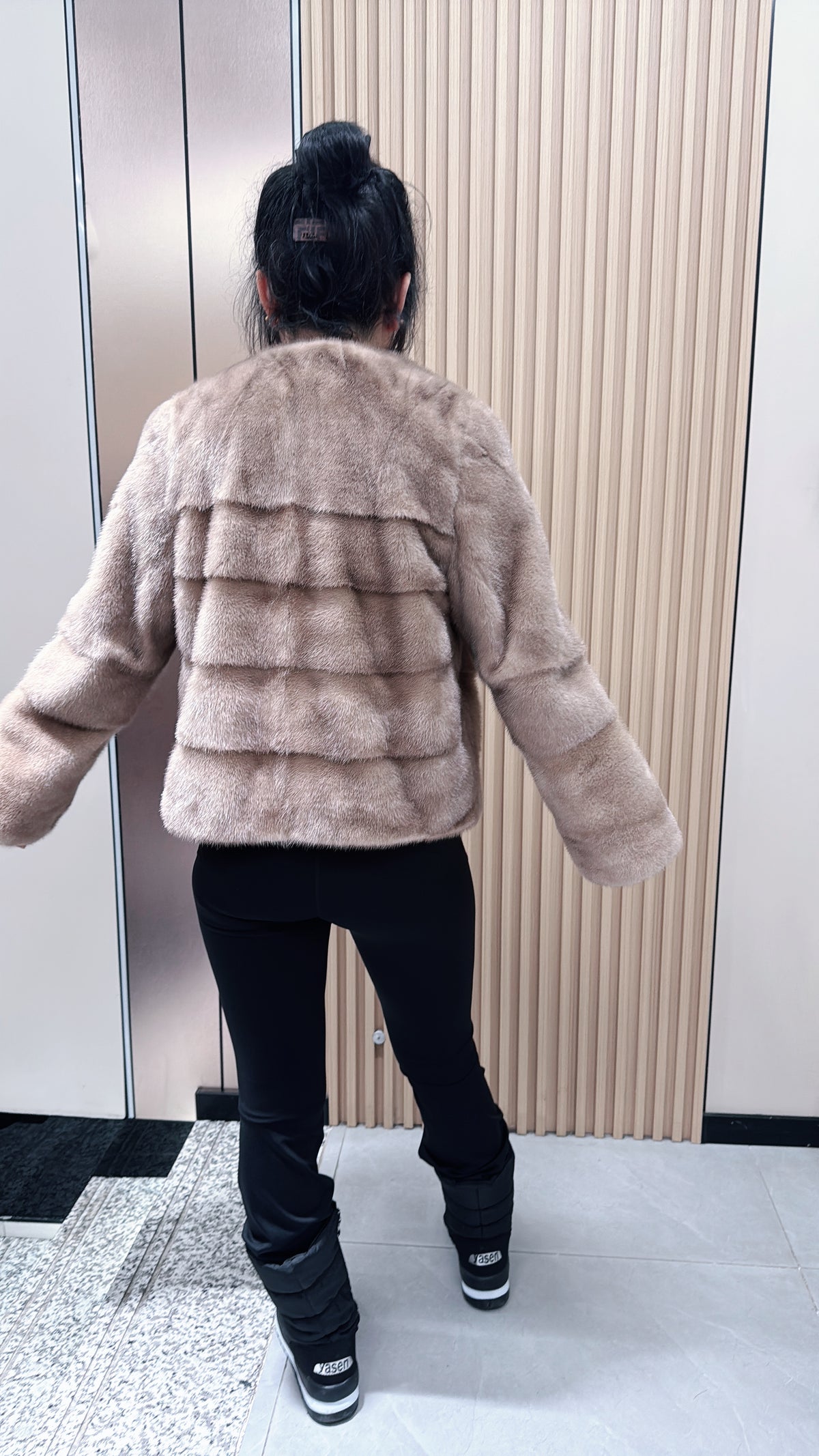 No. 064 Beige V-neck mink fur coat with AB-style cut.