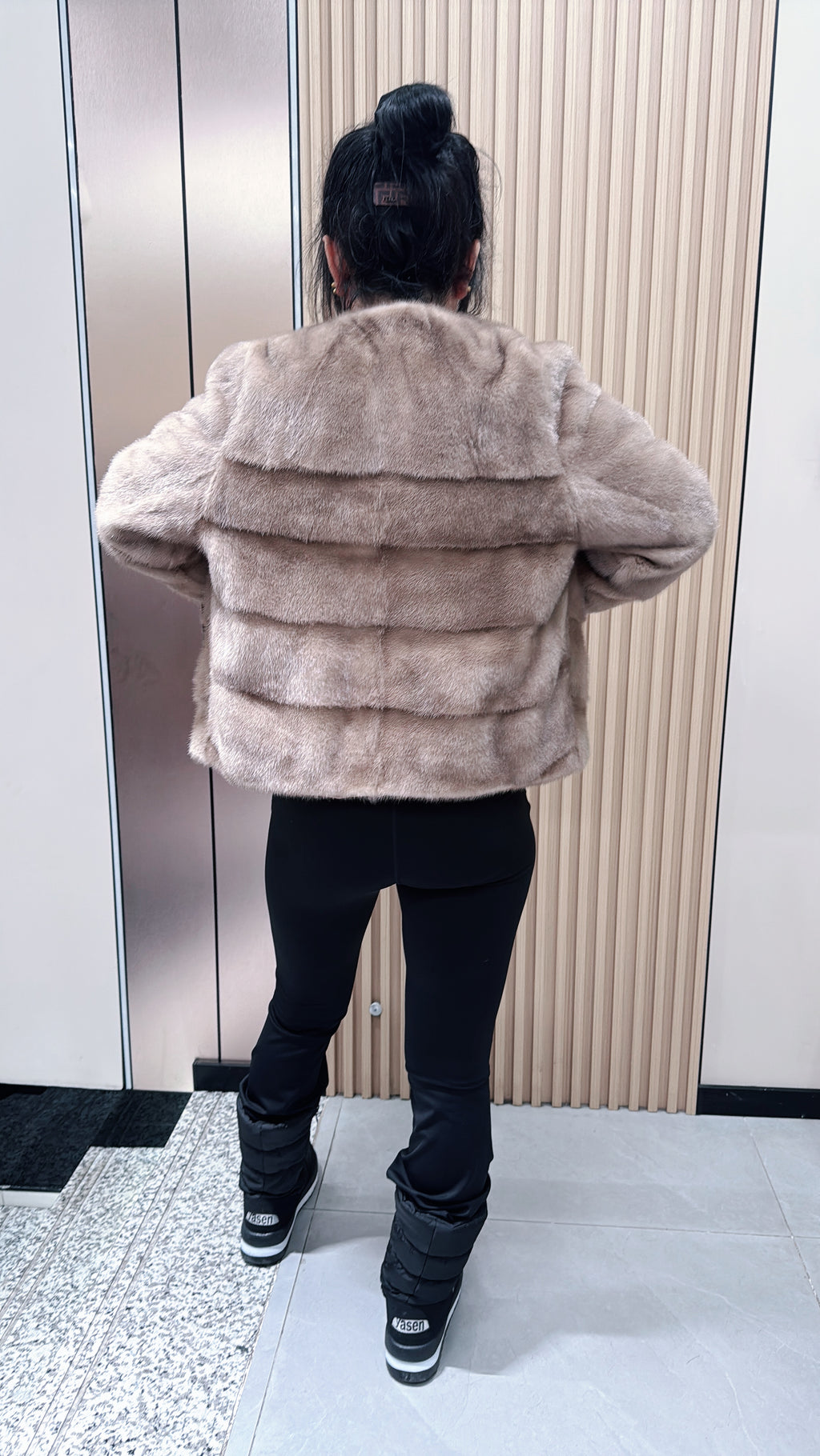 No. 064 Beige V-neck mink fur coat with AB-style cut.