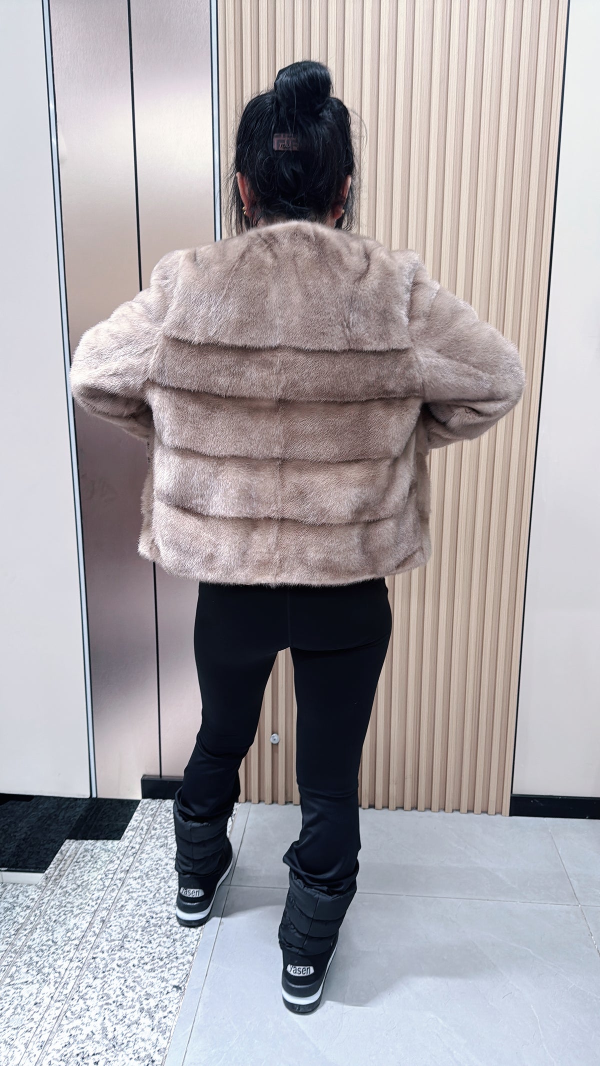 No. 064 Beige V-neck mink fur coat with AB-style cut.