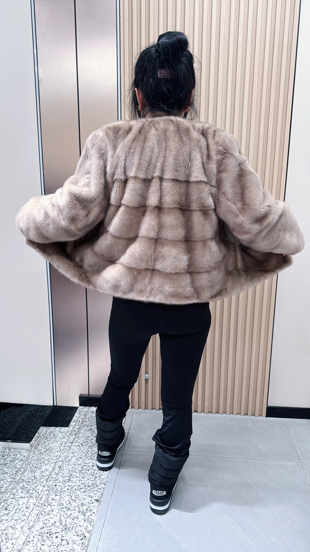 No. 064 Beige V-neck mink fur coat with AB-style cut.
