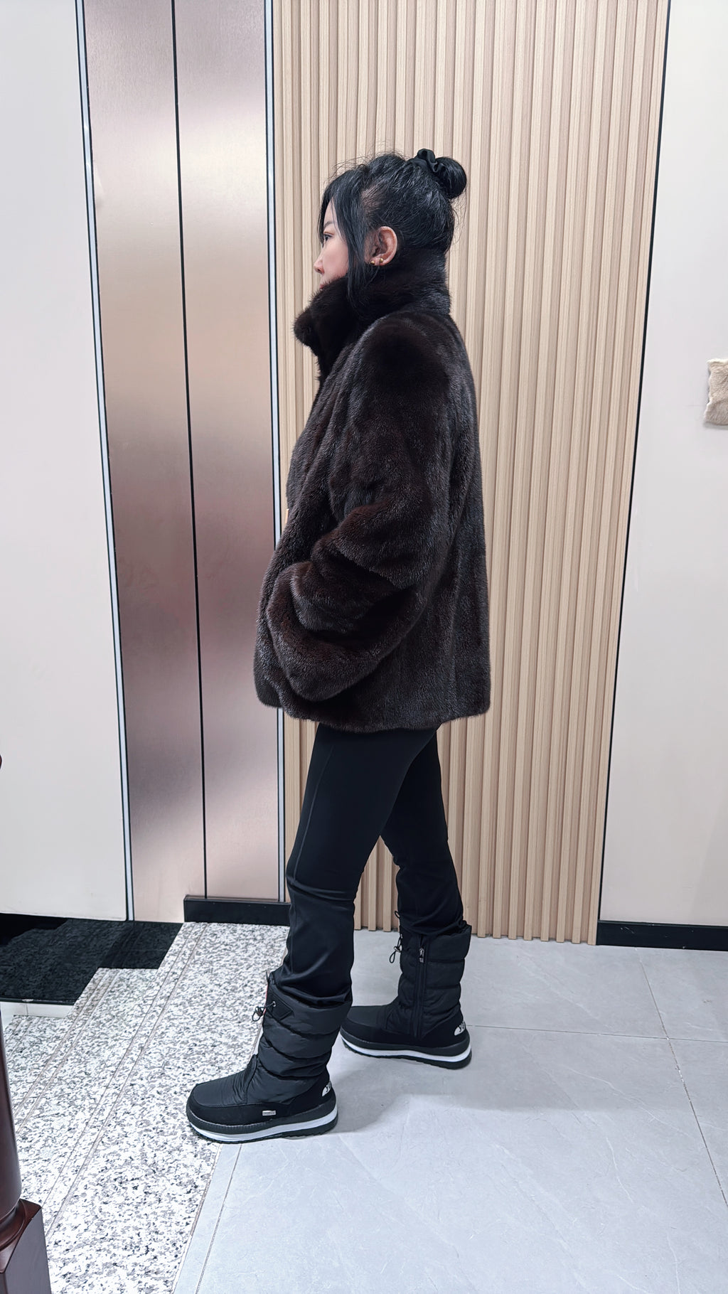No. 063 Dark Brown Mink Fur Coat with Lapel Collar