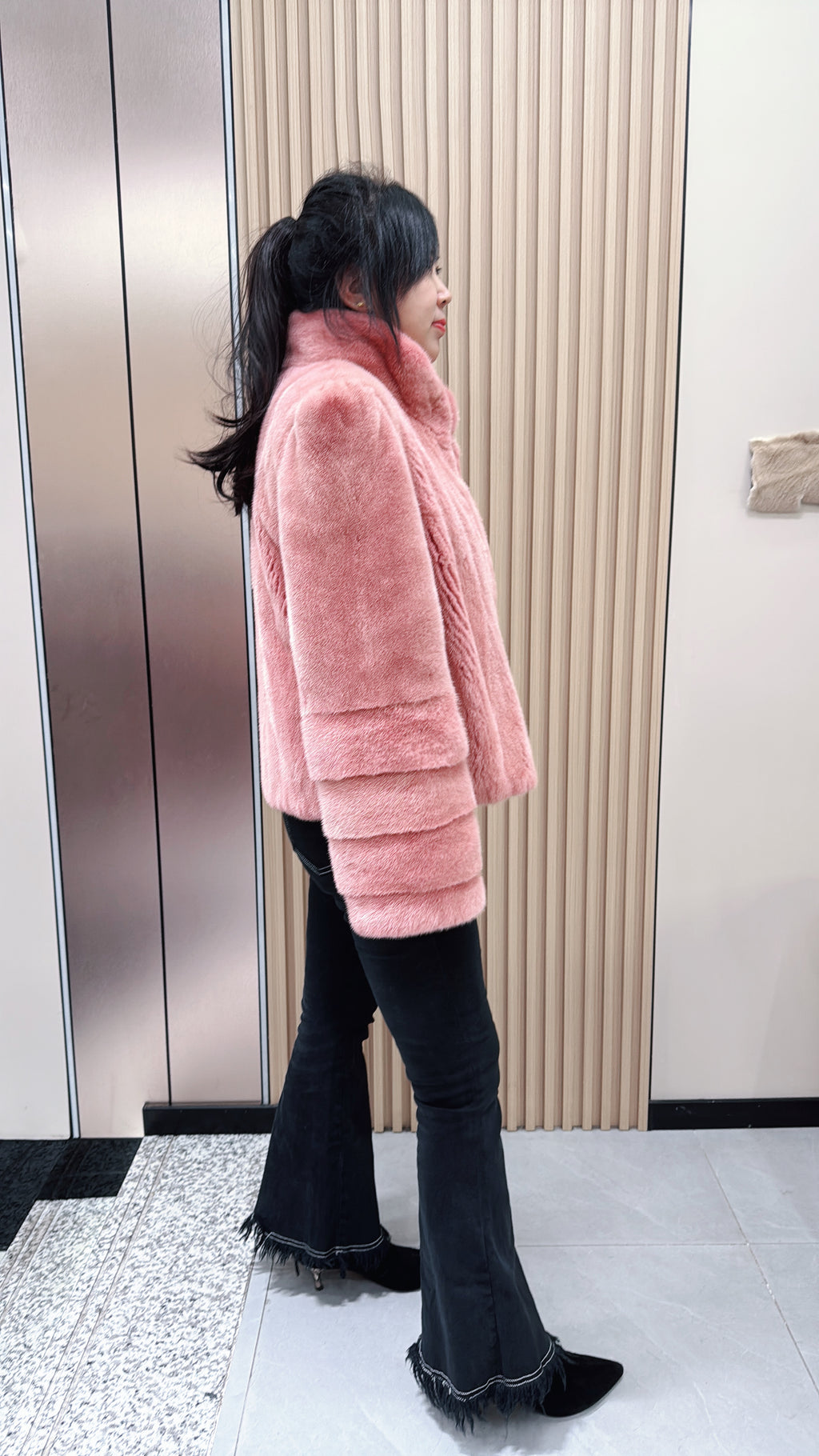No. 078 Pink Stand-Collar Mink Fur Coat