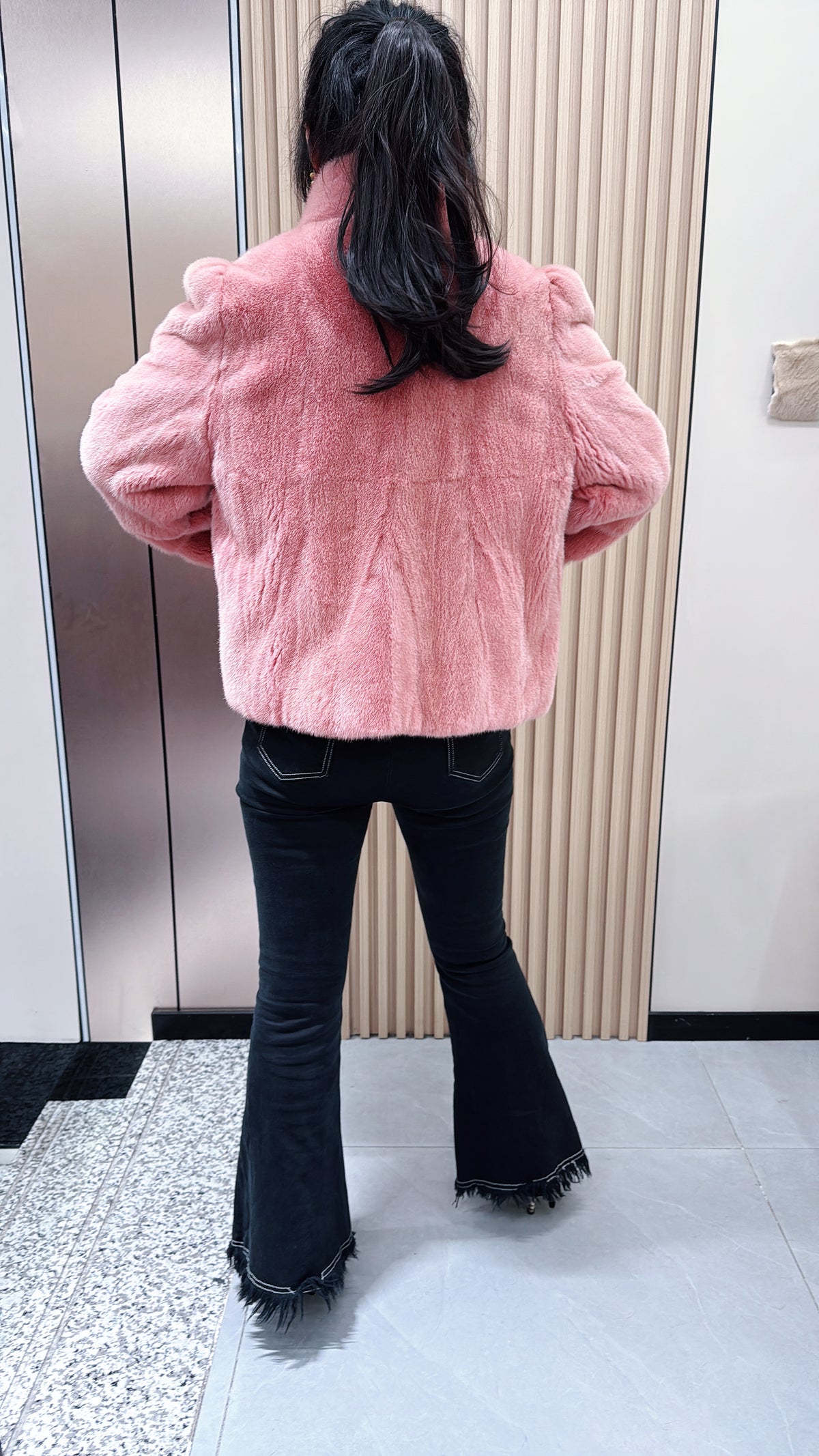 No. 078 Pink Stand-Collar Mink Fur Coat