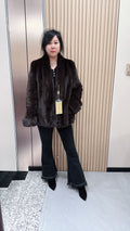 No. 075 Dark Brown V-Neck Mink Fur Coat (with Cuffed Sleeves)
