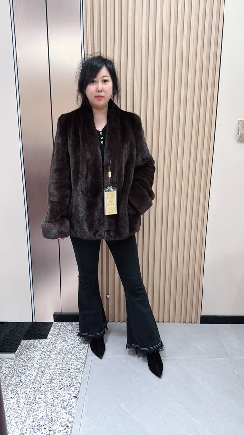 No. 075 Dark Brown V-Neck Mink Fur Coat (with Cuffed Sleeves)
