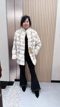 No. 082 White Cross Mink Fur Coat with Stand Collar and Horizontal Design