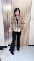 No. 090 Beige V-neck mink fur coat with turn-back cuffs.