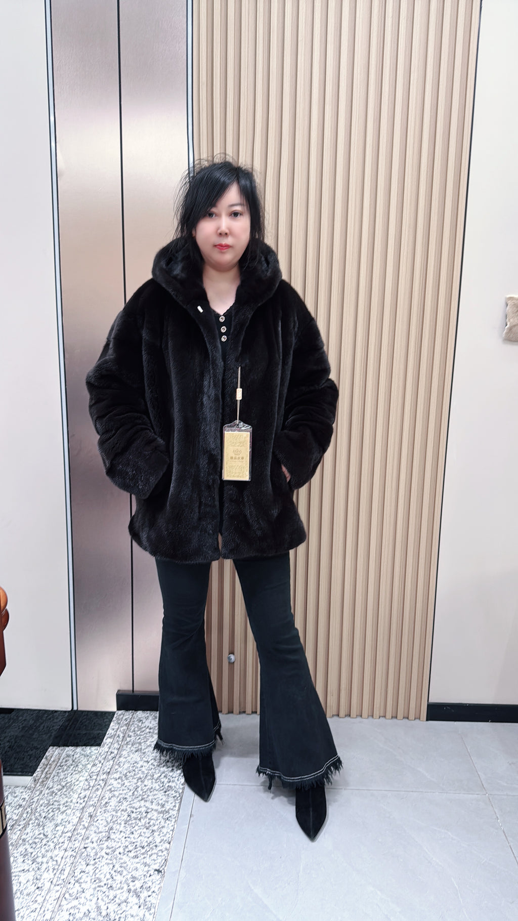 No. 088 Dark Brown Hooded Mink Fur Coat