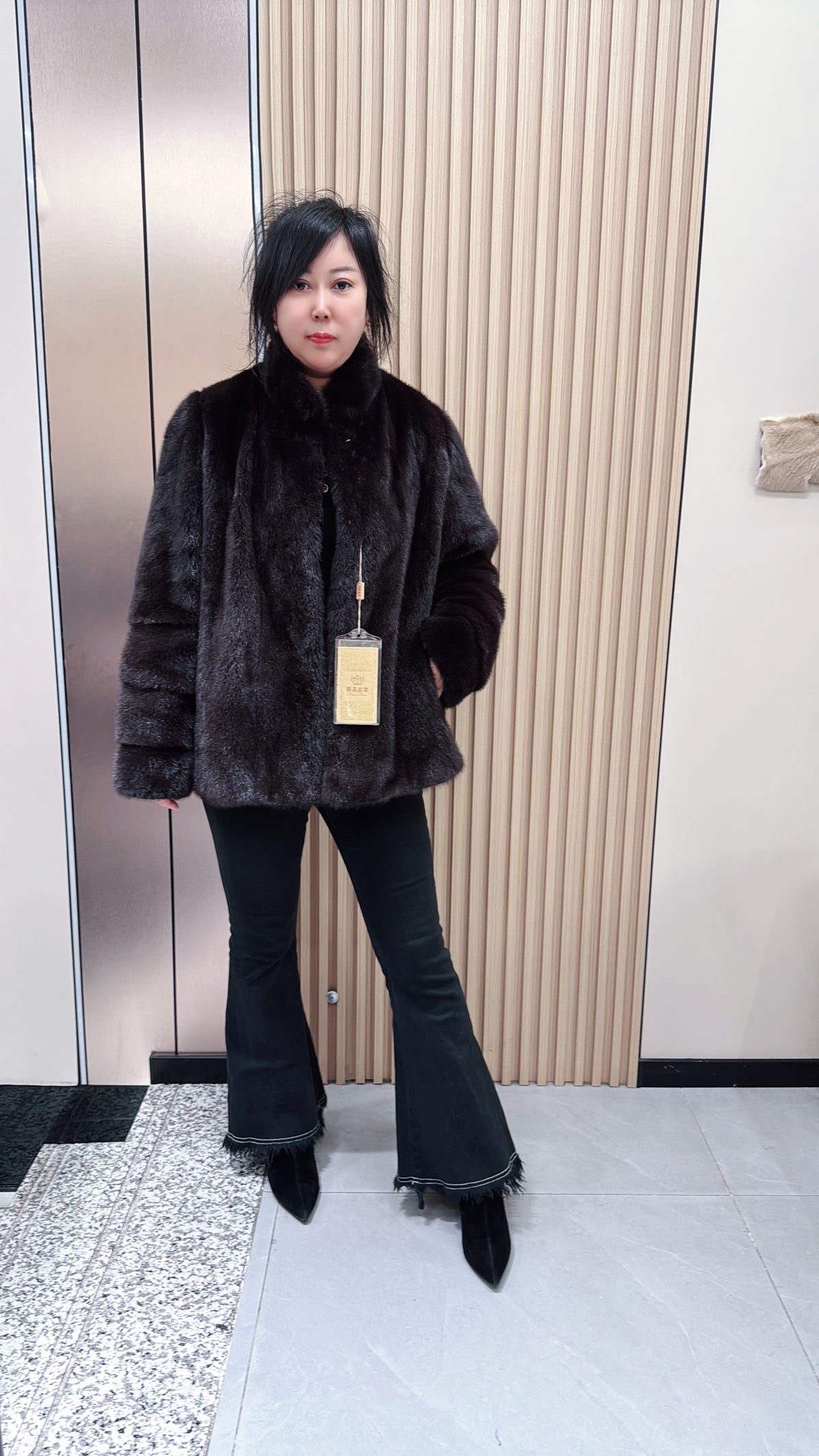 No. 087 Dark Brown Stand-Collar Mink Fur Coat