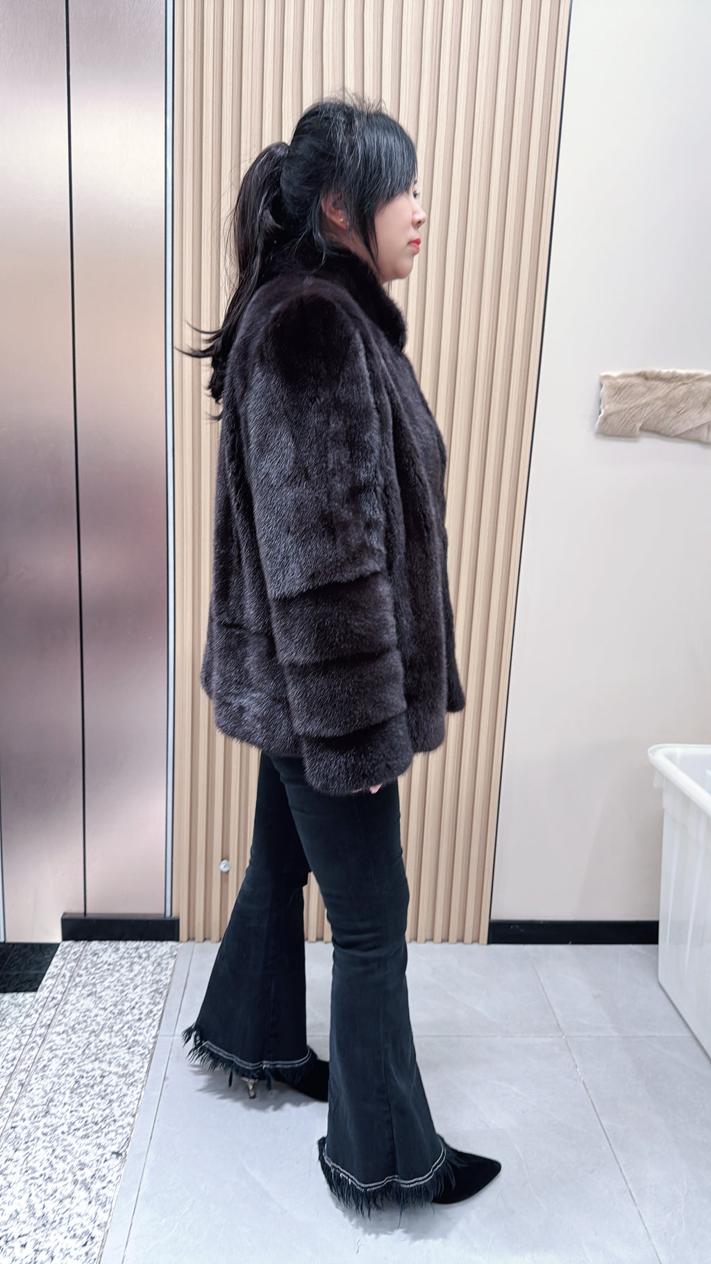 No. 087 Dark Brown Stand-Collar Mink Fur Coat