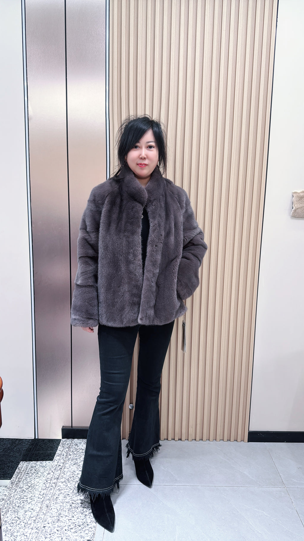 No. 086 Light Brown Stand-Collar Mink Fur Coat